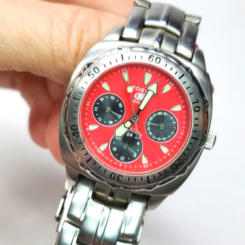 Fossil Blue Watch B9152 Silver Steel Wristband Red Face Chronograph Wat…